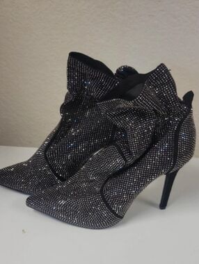 Rhinestone Embellished Black Ankle Booties - Women's Heeled Fashion Boots